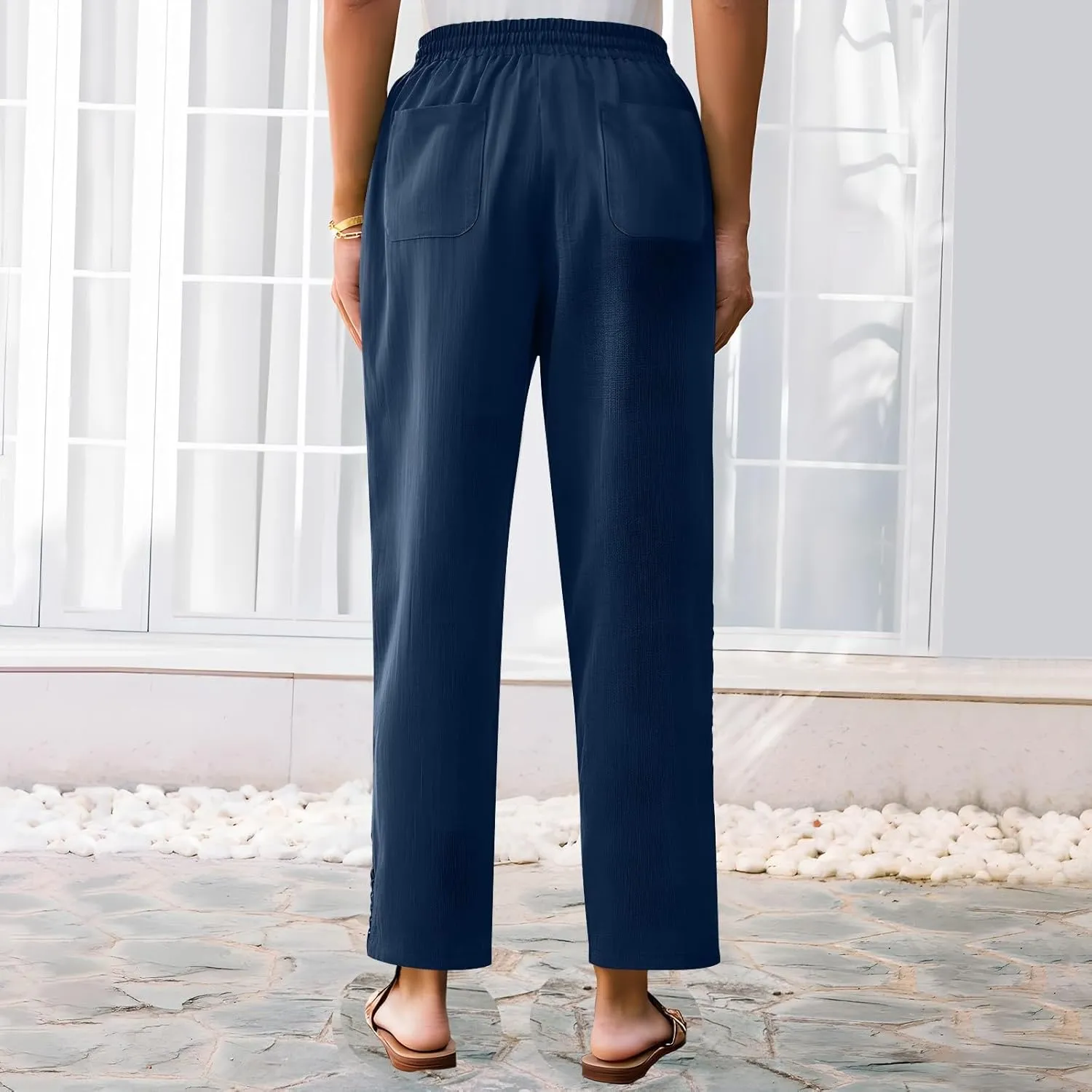 FZYLQY Women's Cotton Linen Pants Straight Leg Elastic Drawstring Casual Trousers with Pockets Summer Beach Lounge Pants
