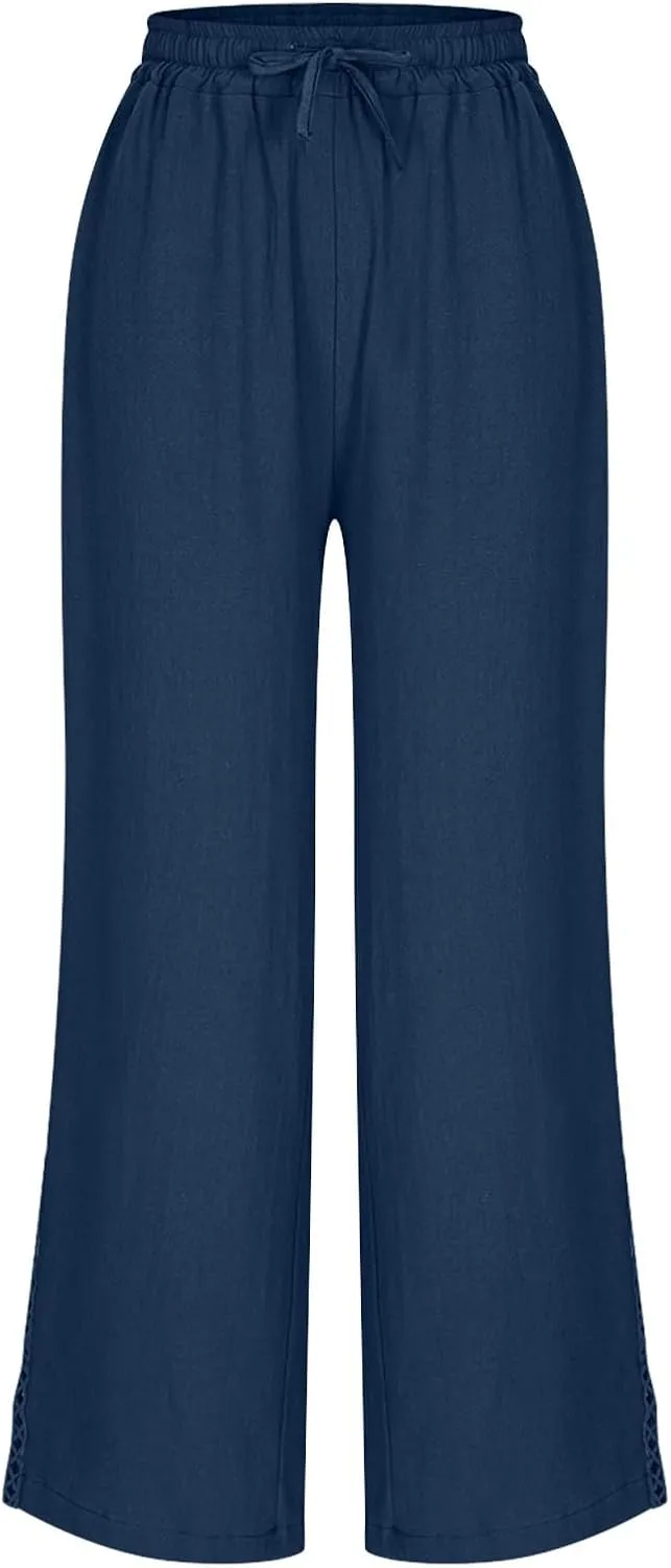 FZYLQY Women's Cotton Linen Pants Straight Leg Elastic Drawstring Casual Trousers with Pockets Summer Beach Lounge Pants