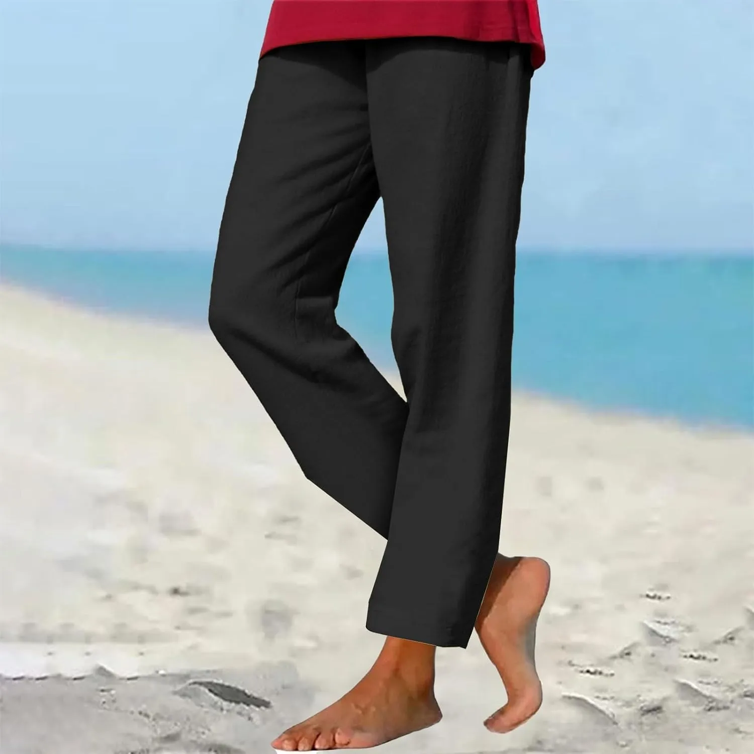 GIERIDUC Linen Pants for Women 2025 Summer High Waist Elastic Wide Leg Lounge Pant Casual Loose Lightweight Beach Trousers