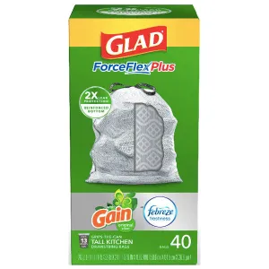 Glad ForceFlexPlus Tall Kitchen Trash Bags, 13 Gallon (Gain Original), 40 Count