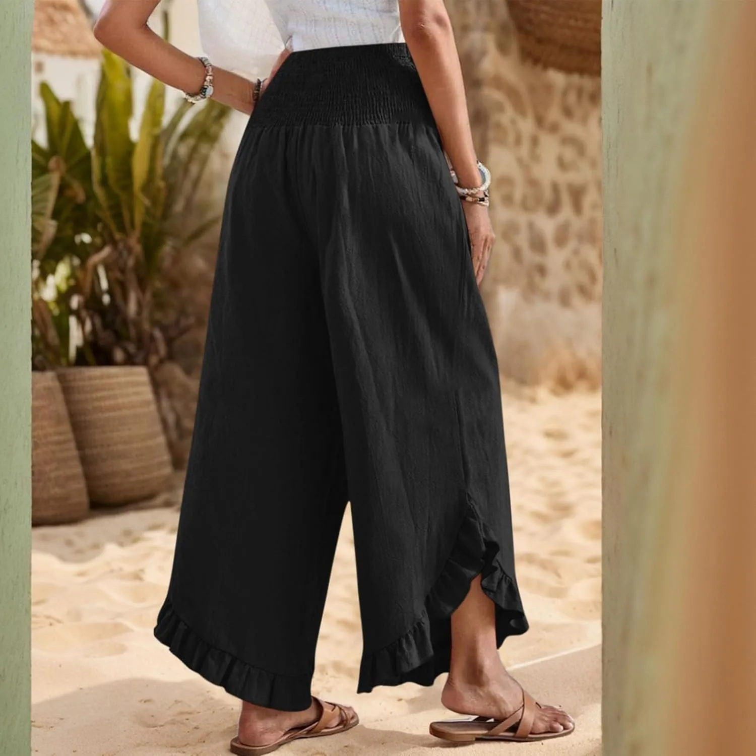 GOFULY Womens Wide Leg Pants Cotton Linen Vacation Summer Elastic Waist Pants High Waisted 2025 Pockets Cropped Solid Trouser