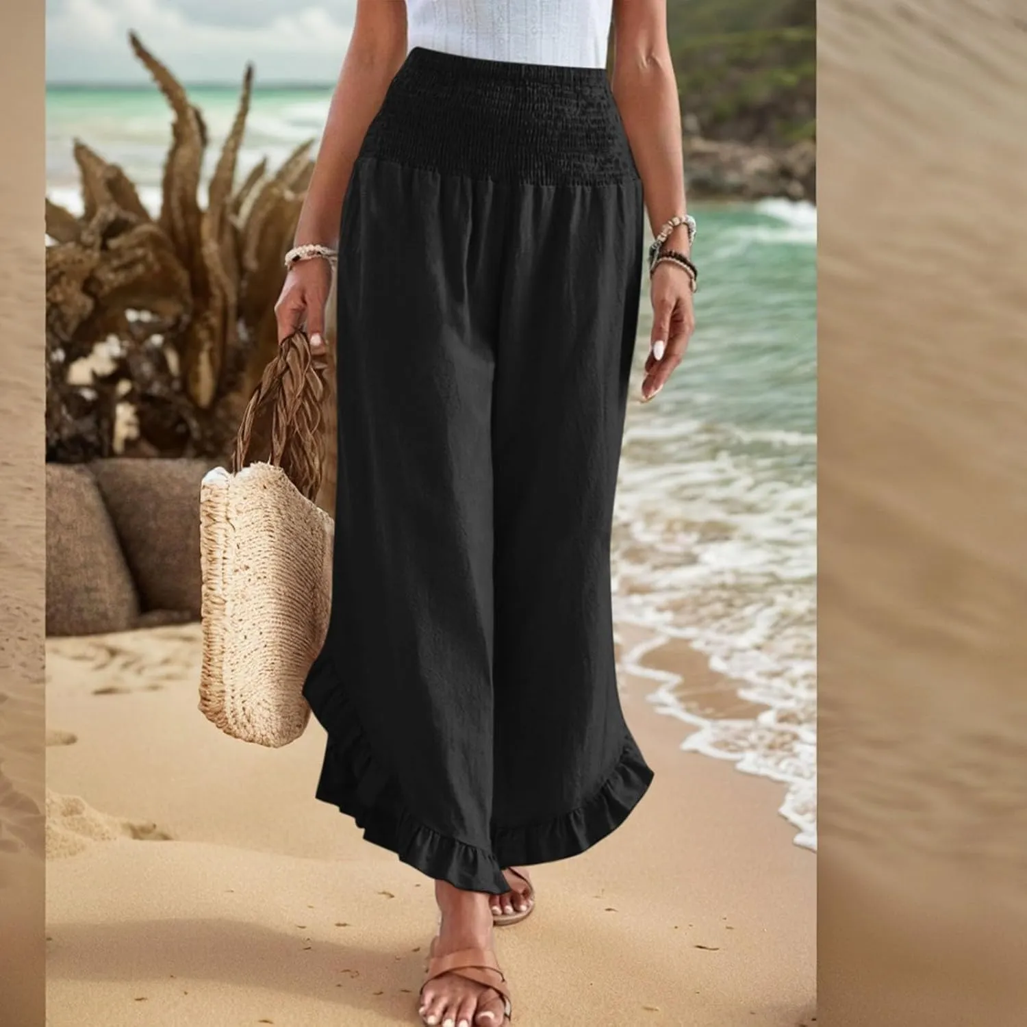 GOFULY Womens Wide Leg Pants Cotton Linen Vacation Summer Elastic Waist Pants High Waisted 2025 Pockets Cropped Solid Trouser
