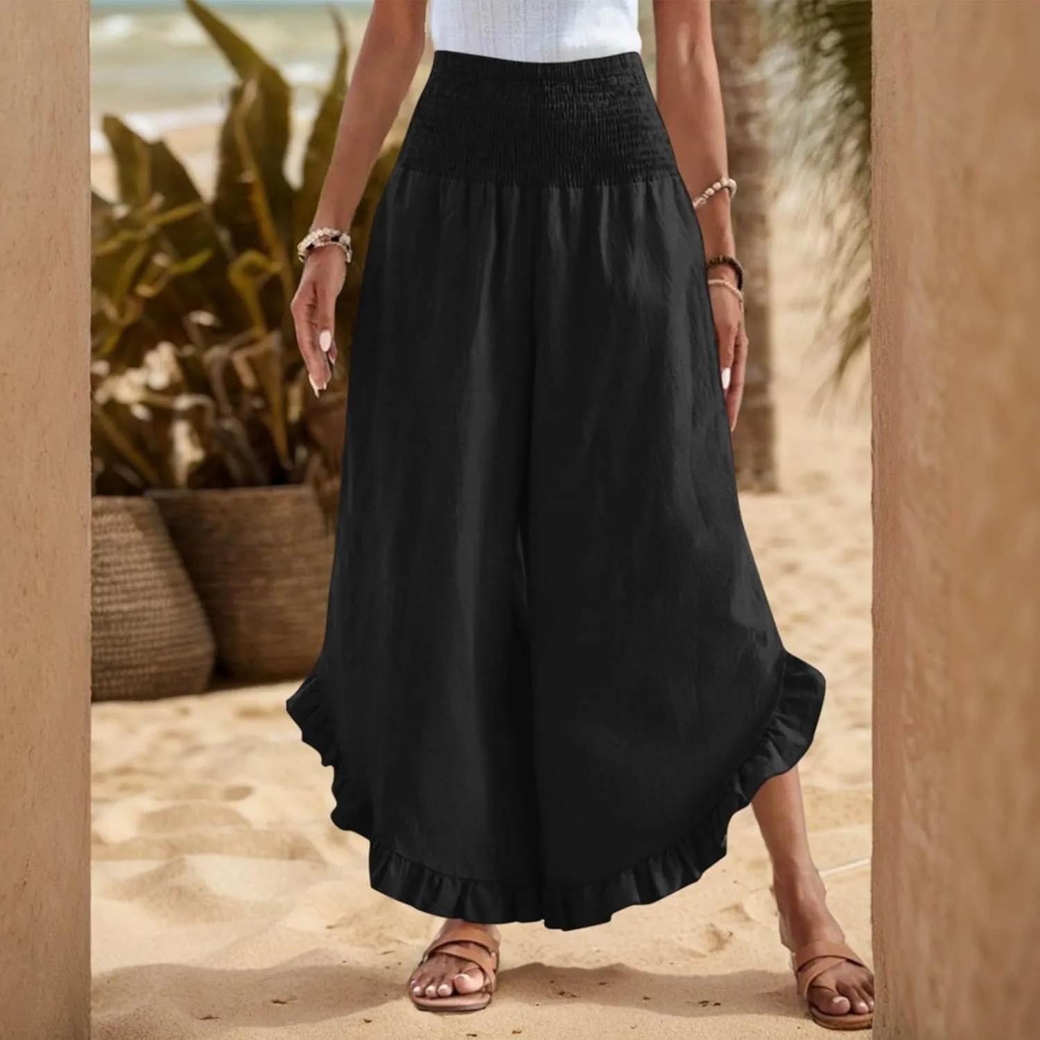 GOFULY Womens Wide Leg Pants Cotton Linen Vacation Summer Elastic Waist Pants High Waisted 2025 Pockets Cropped Solid Trouser
