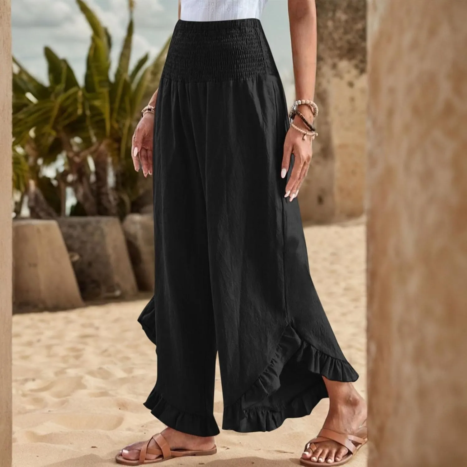 GOFULY Womens Wide Leg Pants Cotton Linen Vacation Summer Elastic Waist Pants High Waisted 2025 Pockets Cropped Solid Trouser