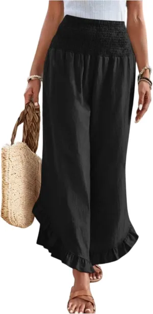 GOFULY Womens Wide Leg Pants Cotton Linen Vacation Summer Elastic Waist Pants High Waisted 2025 Pockets Cropped Solid Trouser