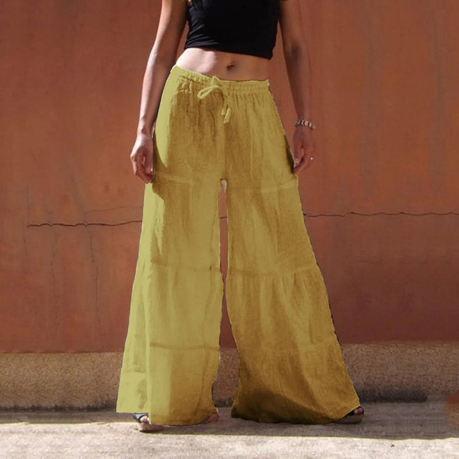 GOKKILRW Womens Boho High Waisted Smocked Ruffle Hem Wide Leg Palazzo Pants Cotton Linen Casual Loose Tiered Lounge Trousers