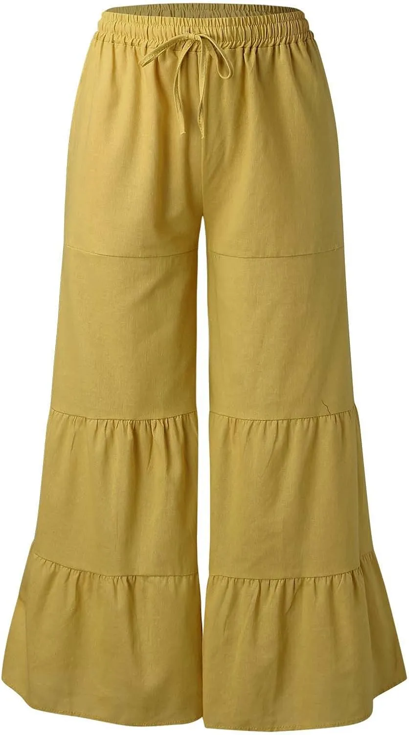 GOKKILRW Womens Boho High Waisted Smocked Ruffle Hem Wide Leg Palazzo Pants Cotton Linen Casual Loose Tiered Lounge Trousers