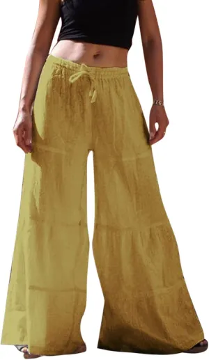 GOKKILRW Womens Boho High Waisted Smocked Ruffle Hem Wide Leg Palazzo Pants Cotton Linen Casual Loose Tiered Lounge Trousers