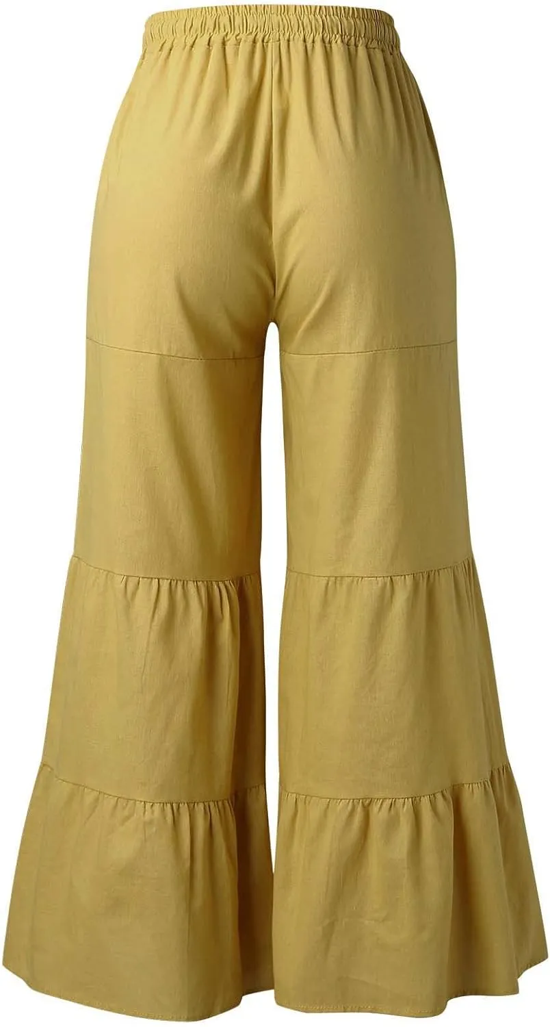 GOKKILRW Womens Boho High Waisted Smocked Ruffle Hem Wide Leg Palazzo Pants Cotton Linen Casual Loose Tiered Lounge Trousers