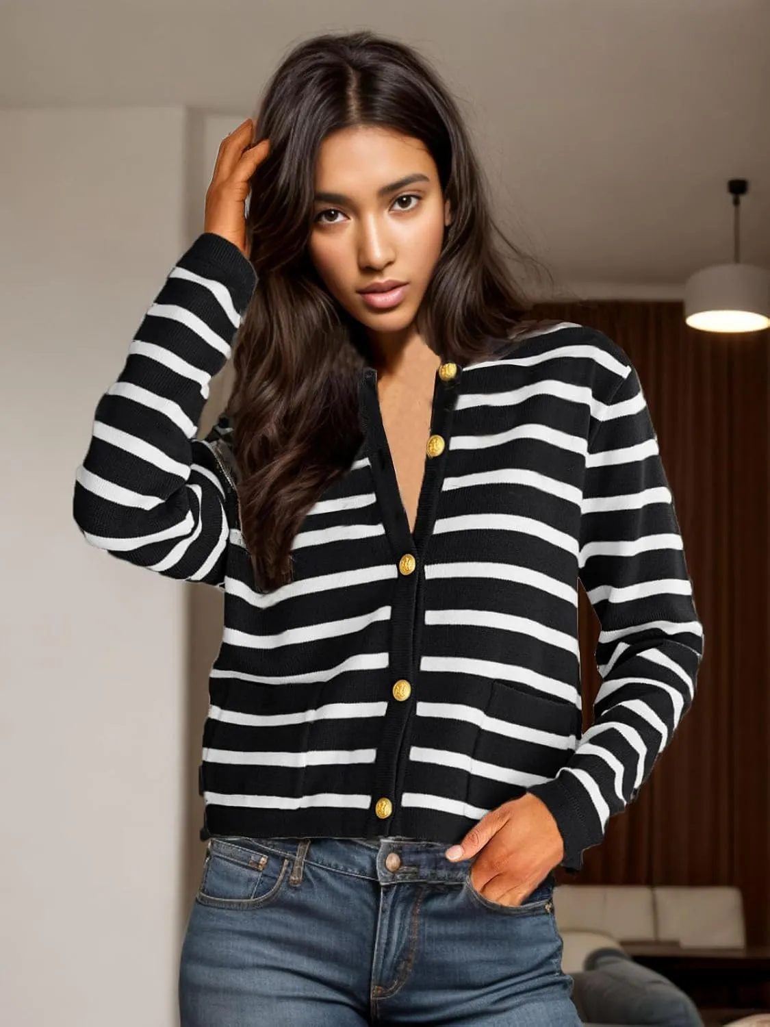 GOLDSTITCH Womens Cardigans Striped Sweaters 2025 Crew Neck Gold Buttons Open Front Button Down Knit with Pockets