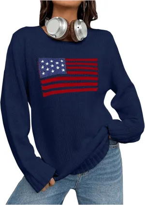 GORGLITTER Women's American Flag Graphic Long Sleeve Sweater Knit Round Neck Pullover Top