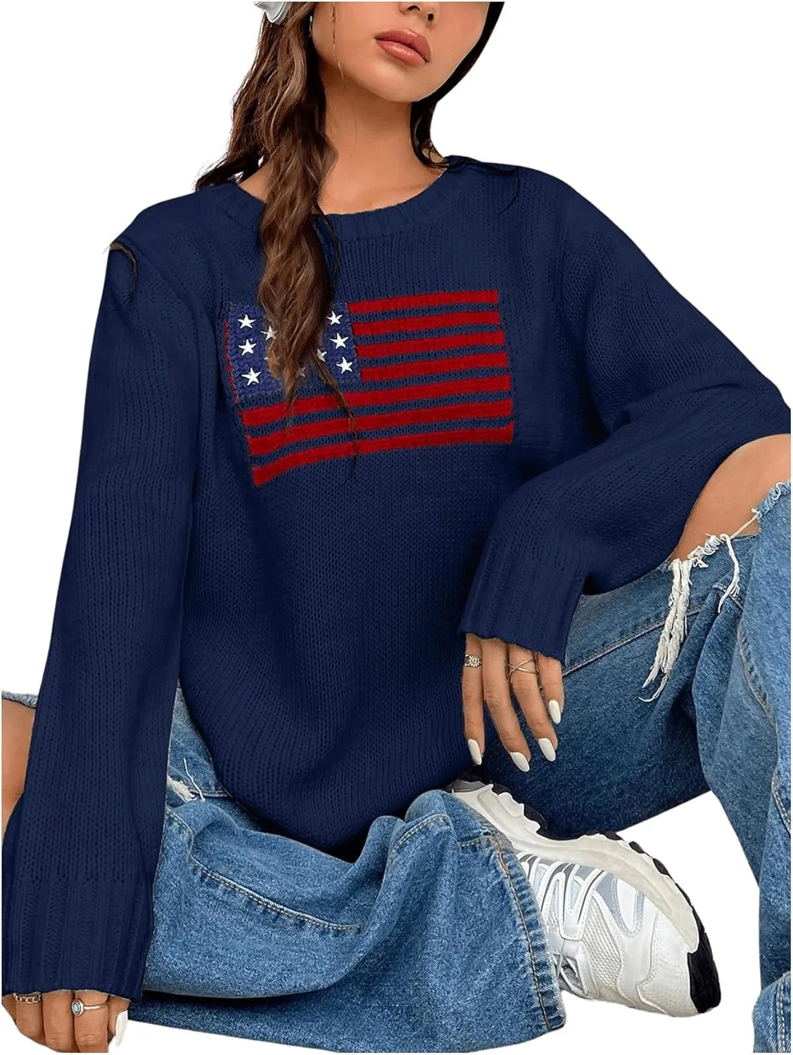 GORGLITTER Women's American Flag Graphic Long Sleeve Sweater Knit Round Neck Pullover Top