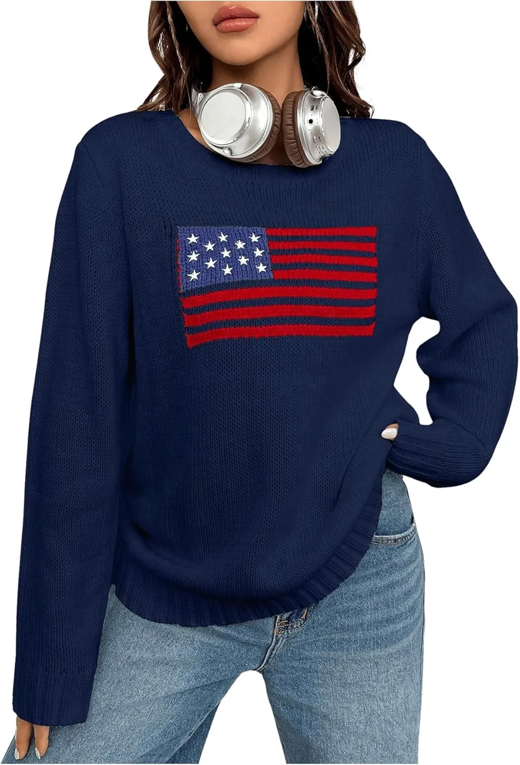 GORGLITTER Women's American Flag Graphic Long Sleeve Sweater Knit Round Neck Pullover Top