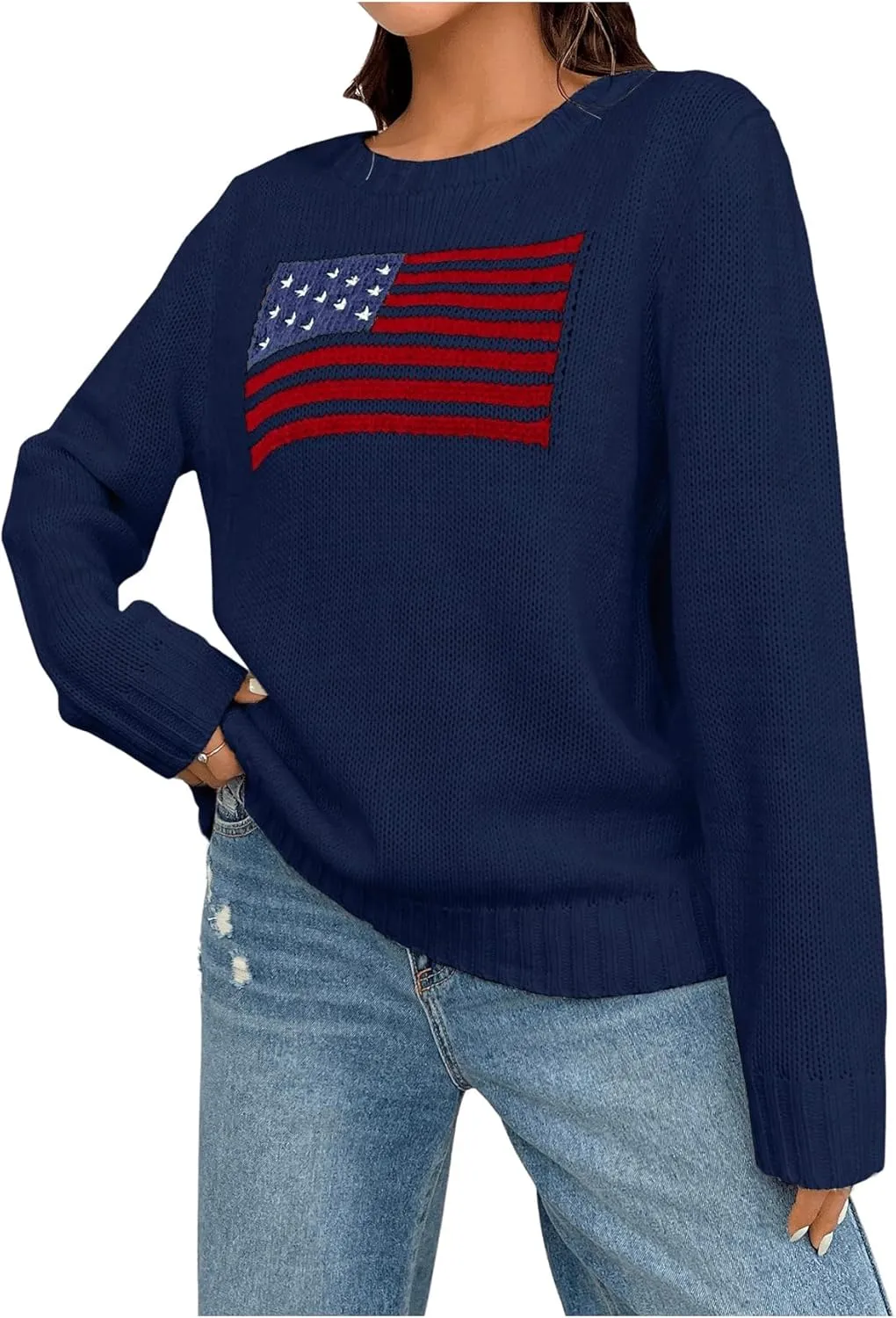 GORGLITTER Women's American Flag Graphic Long Sleeve Sweater Knit Round Neck Pullover Top