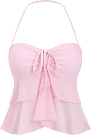 GORGLITTER Women's Bow Coquette Top Ruffle Flowy Halter Sleeveless Going Out Camisole Tops
