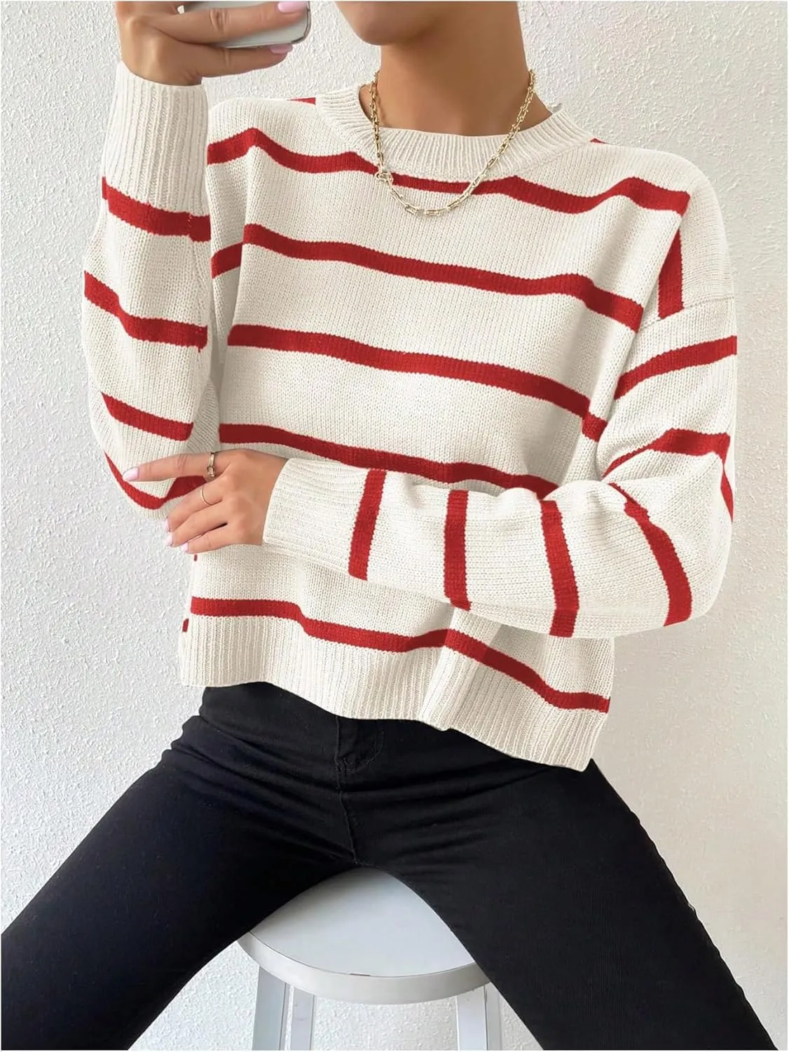 GORGLITTER Women's Striped Drop Shoulder Sweater Oversized Crew Neck Knit Sweaters Pullover Top
