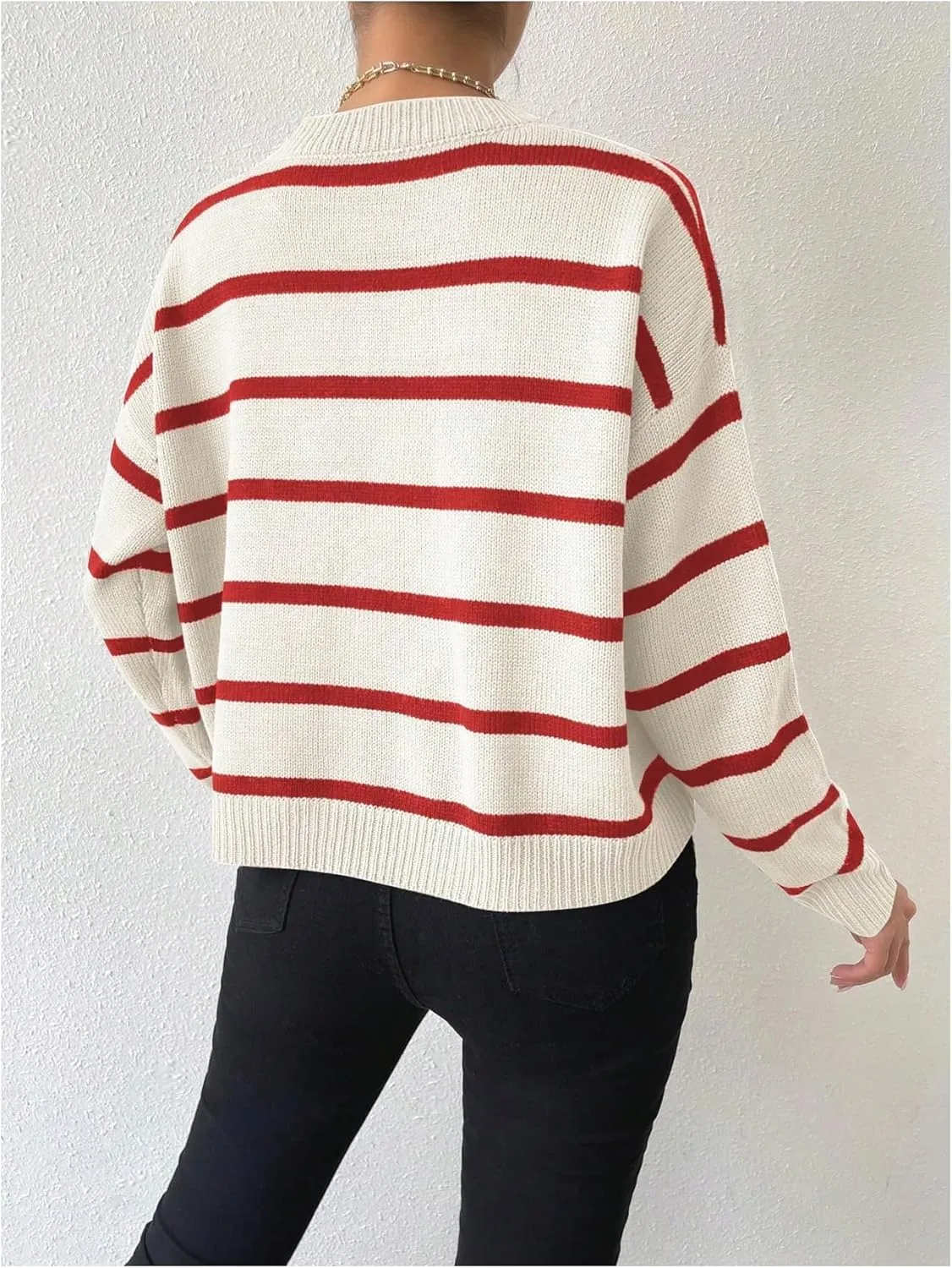 GORGLITTER Women's Striped Drop Shoulder Sweater Oversized Crew Neck Knit Sweaters Pullover Top