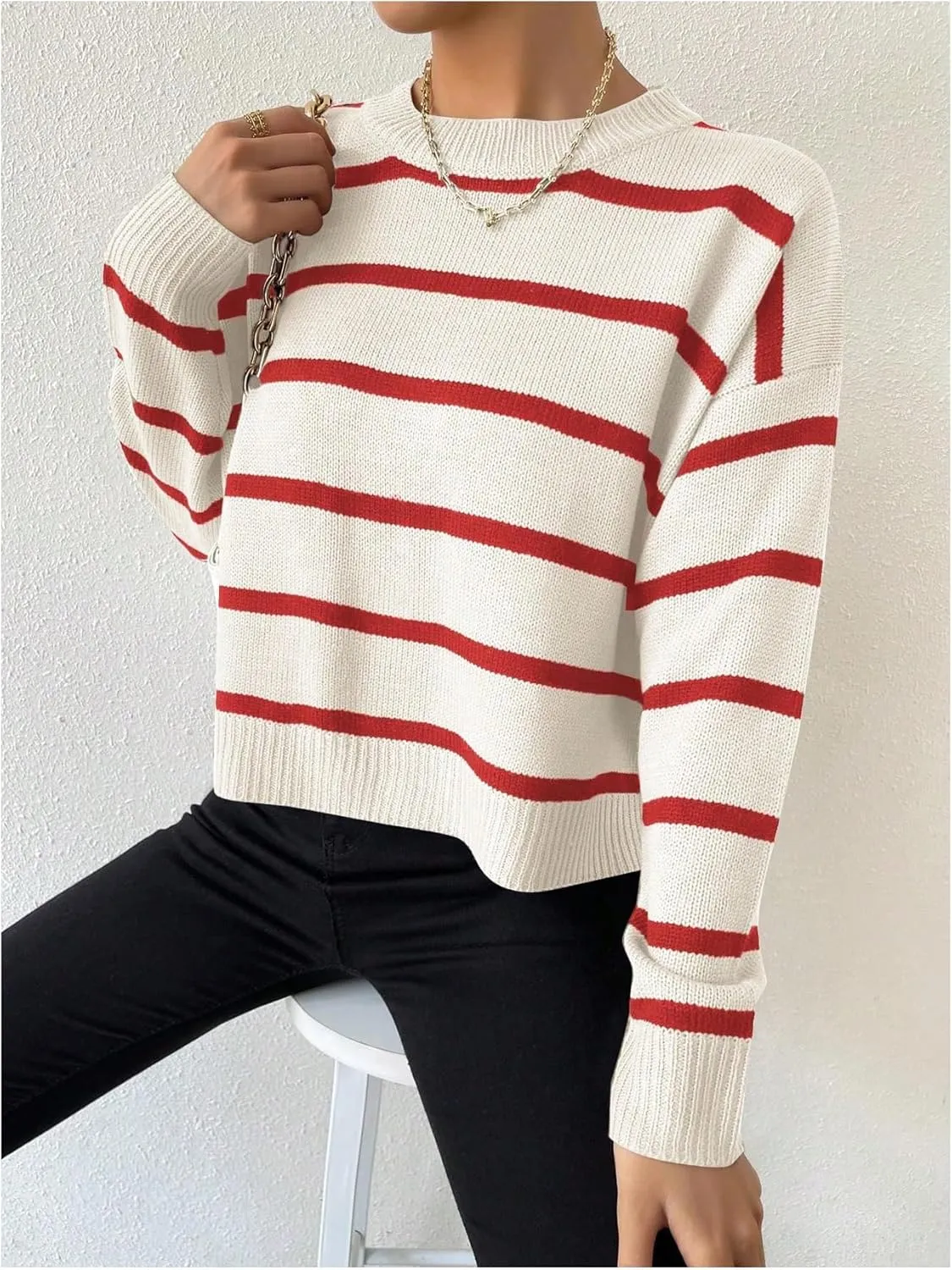 GORGLITTER Women's Striped Drop Shoulder Sweater Oversized Crew Neck Knit Sweaters Pullover Top