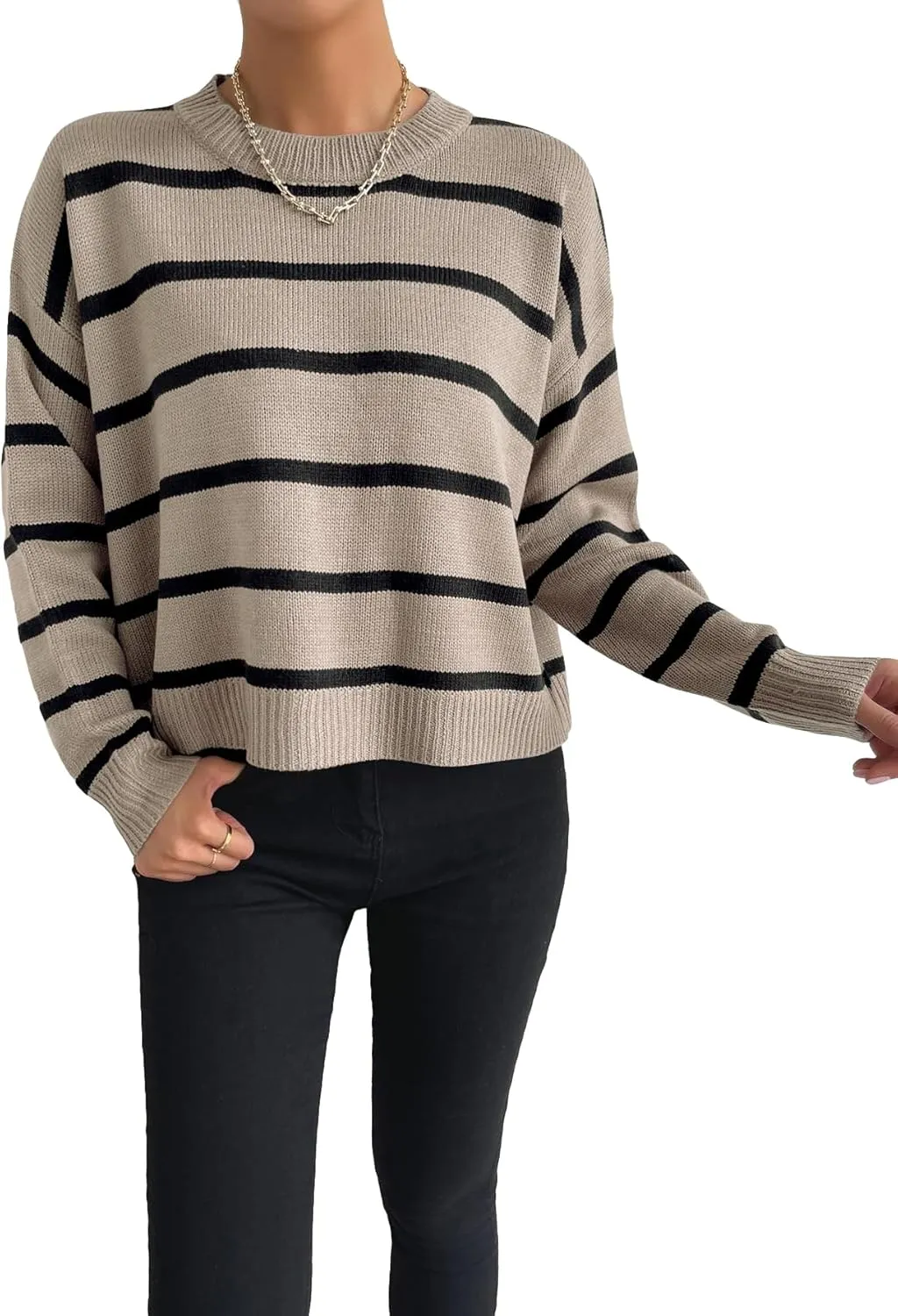 GORGLITTER Women's Striped Drop Shoulder Sweater Oversized Crew Neck Knit Sweaters Pullover Top