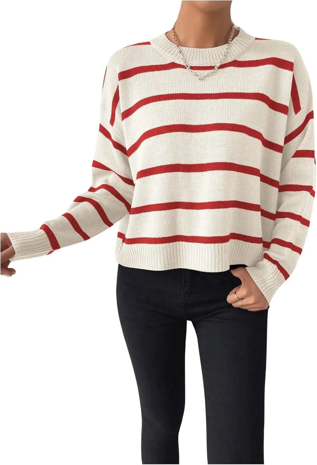 GORGLITTER Women's Striped Drop Shoulder Sweater Oversized Crew Neck Knit Sweaters Pullover Top