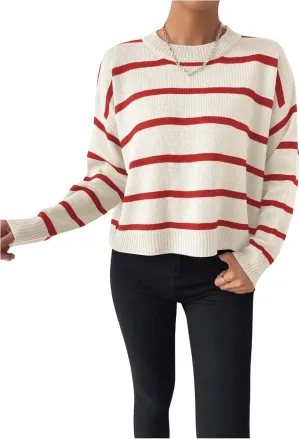 GORGLITTER Women's Striped Drop Shoulder Sweater Oversized Crew Neck Knit Sweaters Pullover Top