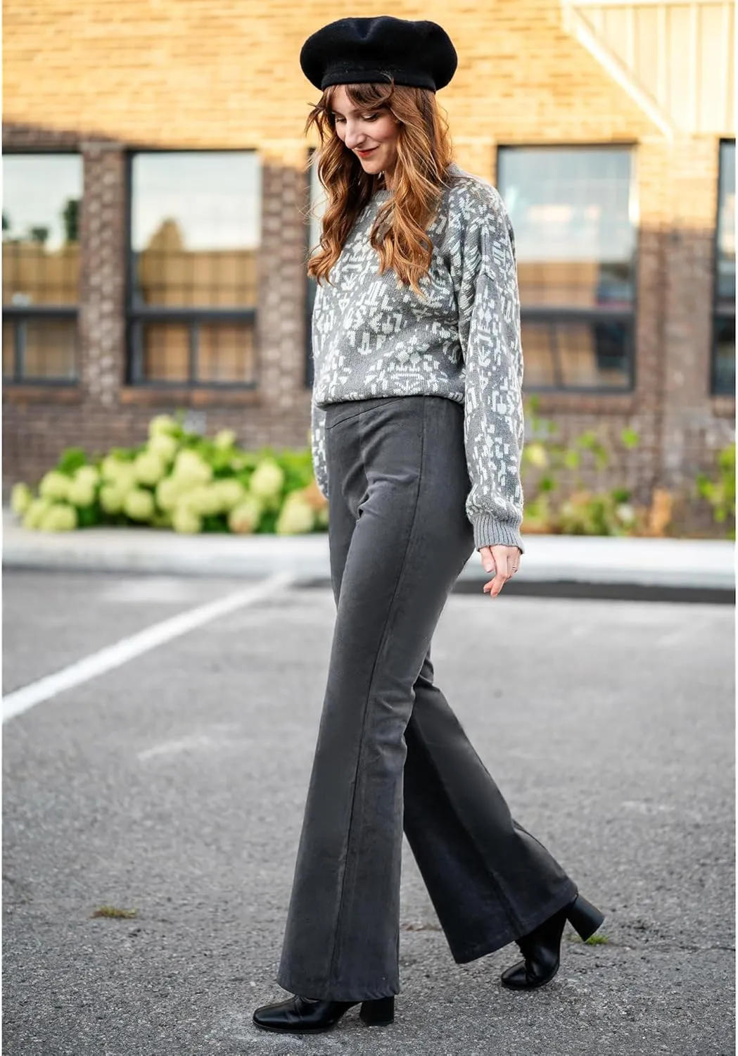 GRAPENT Flare Pants for Women Corduroy Pull On High Waisted Wide Leg Trouser Pants Stretch Bell Bottom Front Seam Slacks
