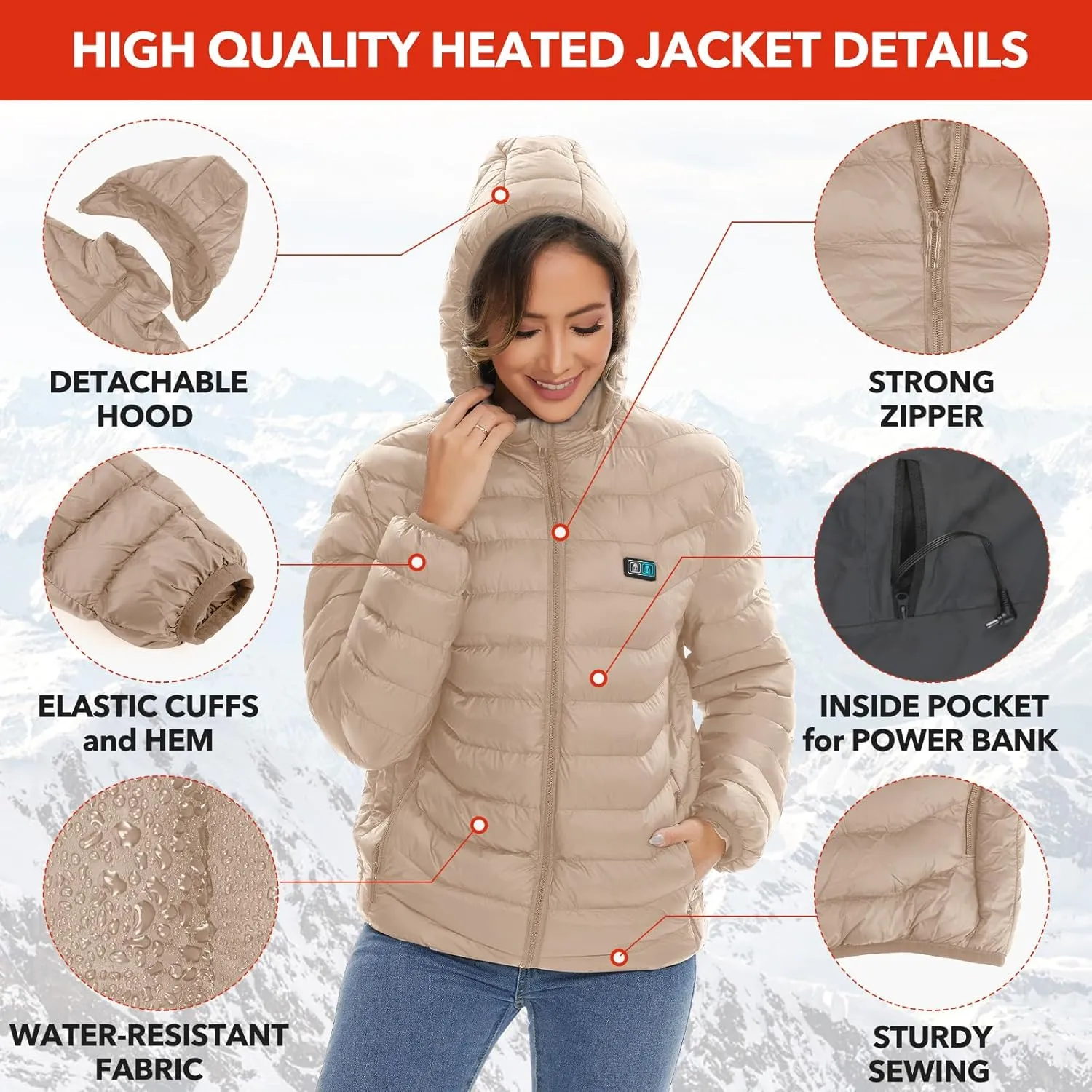 Heated Jackets for Women, 9 Heating Areas With 10000mAh Power Bank,Winter Warm Outdoor Ski Coat