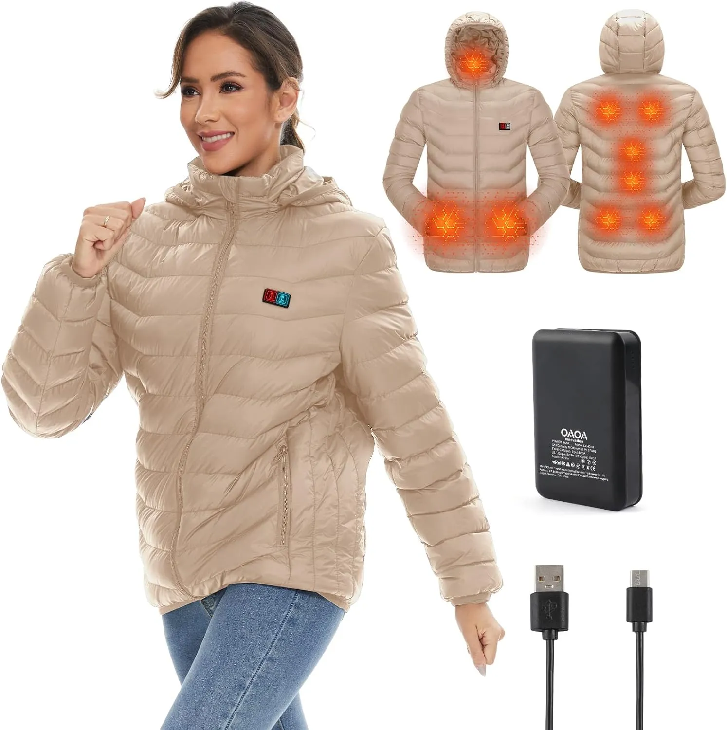 Heated Jackets for Women, 9 Heating Areas With 10000mAh Power Bank,Winter Warm Outdoor Ski Coat