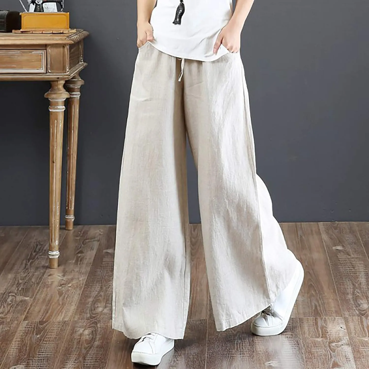 High Solid Fashion Waist Women's Wide Color Wash Trousers Pants Leg Plus Size Pants Women Plus Size Camouflage Clothes