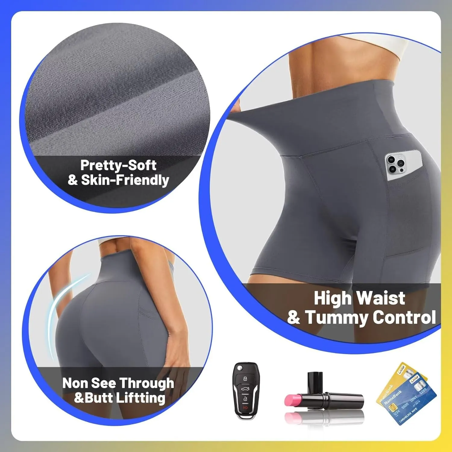HIGHDAYS 5 Biker Shorts for Women with Pockets-High Waist Tummy Control Spandex Workout Yoga Running Gym Activewear
