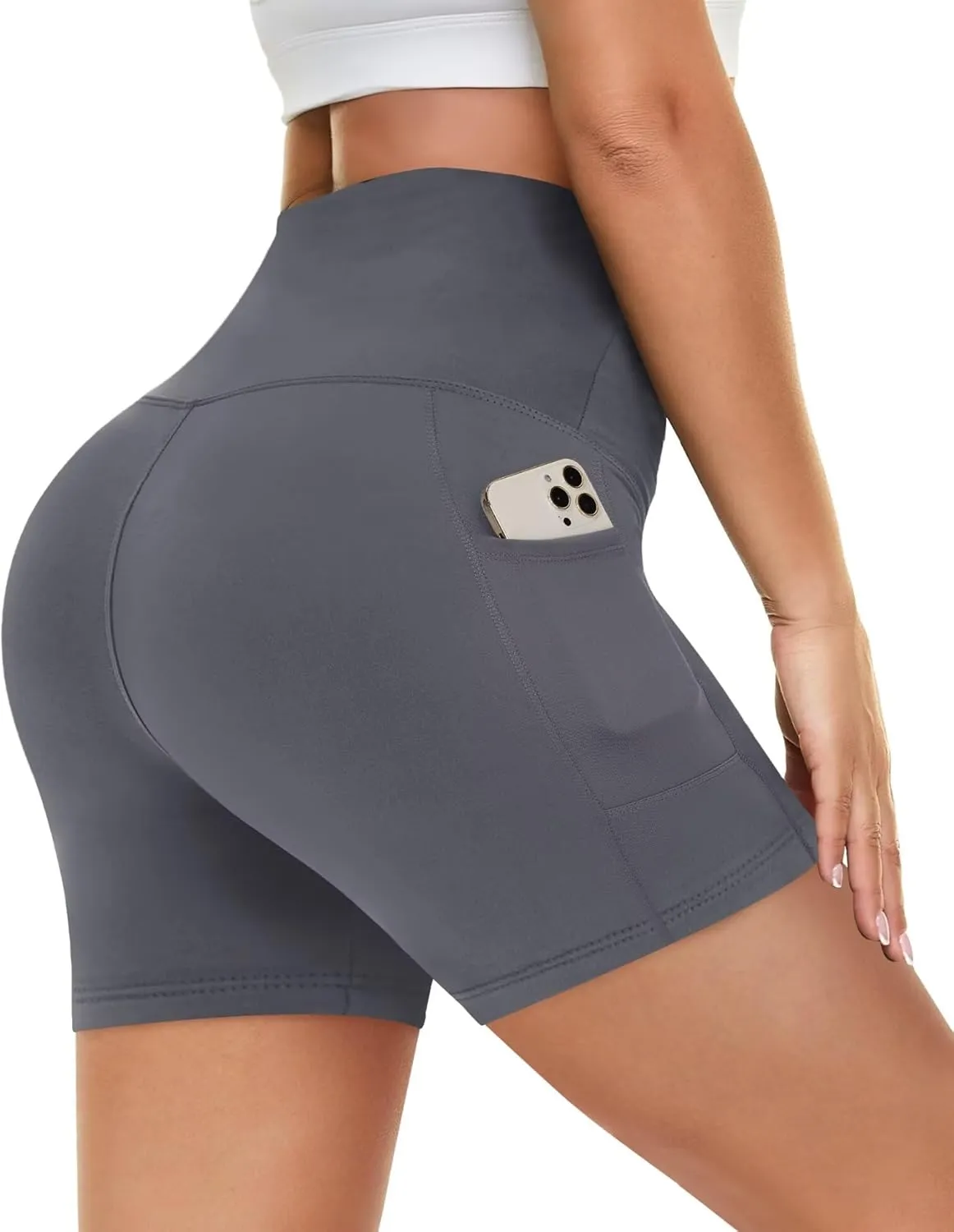 HIGHDAYS 5 Biker Shorts for Women with Pockets-High Waist Tummy Control Spandex Workout Yoga Running Gym Activewear