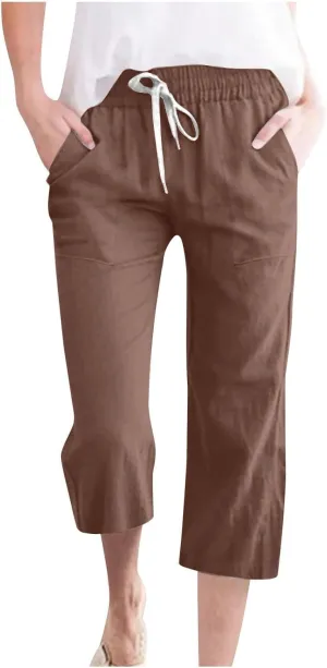 hlysgo Casual Capri Pants for Women Drawstring Waist Straight Cotton Linen Pants 2025 Summer Comfy Beach Cropped Trouser