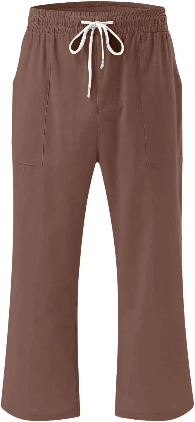 hlysgo Casual Capri Pants for Women Drawstring Waist Straight Cotton Linen Pants 2025 Summer Comfy Beach Cropped Trouser