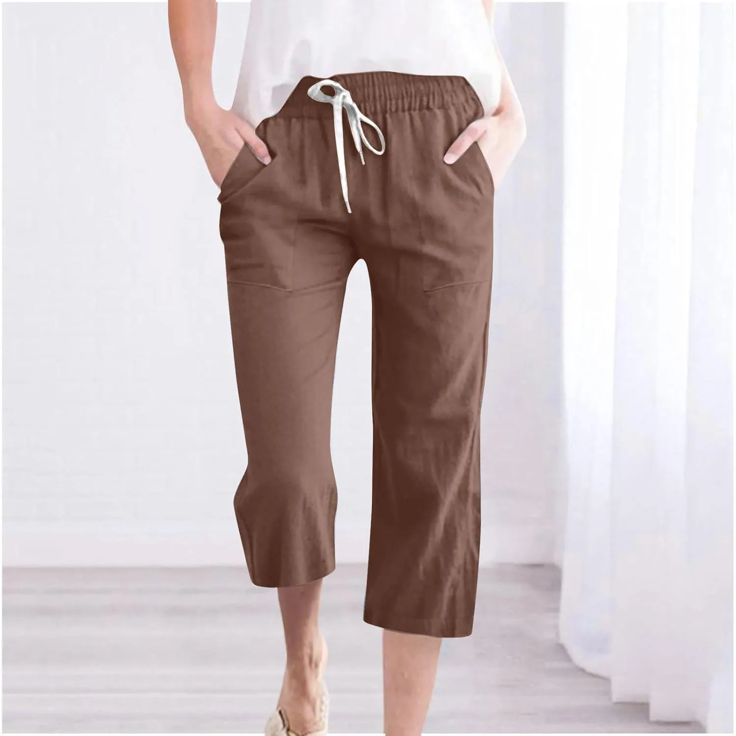 hlysgo Casual Capri Pants for Women Drawstring Waist Straight Cotton Linen Pants 2025 Summer Comfy Beach Cropped Trouser