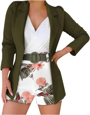 hlysgo Women's Blazer Shorts Set 2 Piece Outfits Long Sleeve Blazer Jacket with Shorts Elegant Business Office Suit Sets
