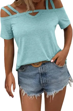 Hoodies for Women,Solid Color Short Sleeve Double Suspenders One Neck Top Casual Off Shoulder T Shirt Women Shirts