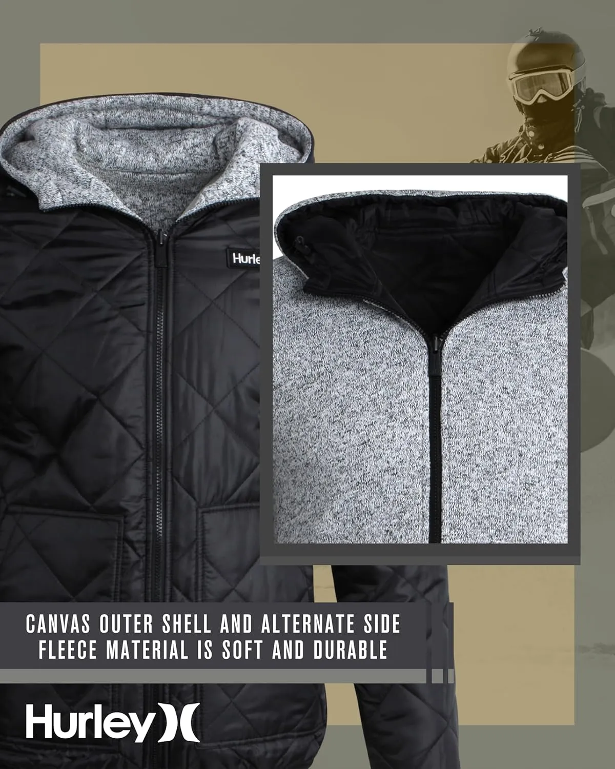 Hurley Men's Reversible Jacket - Quilted Puffer Reversible to Fleece Sweater - Warm Insulated Zip Up Jacket for Men (S-XL)