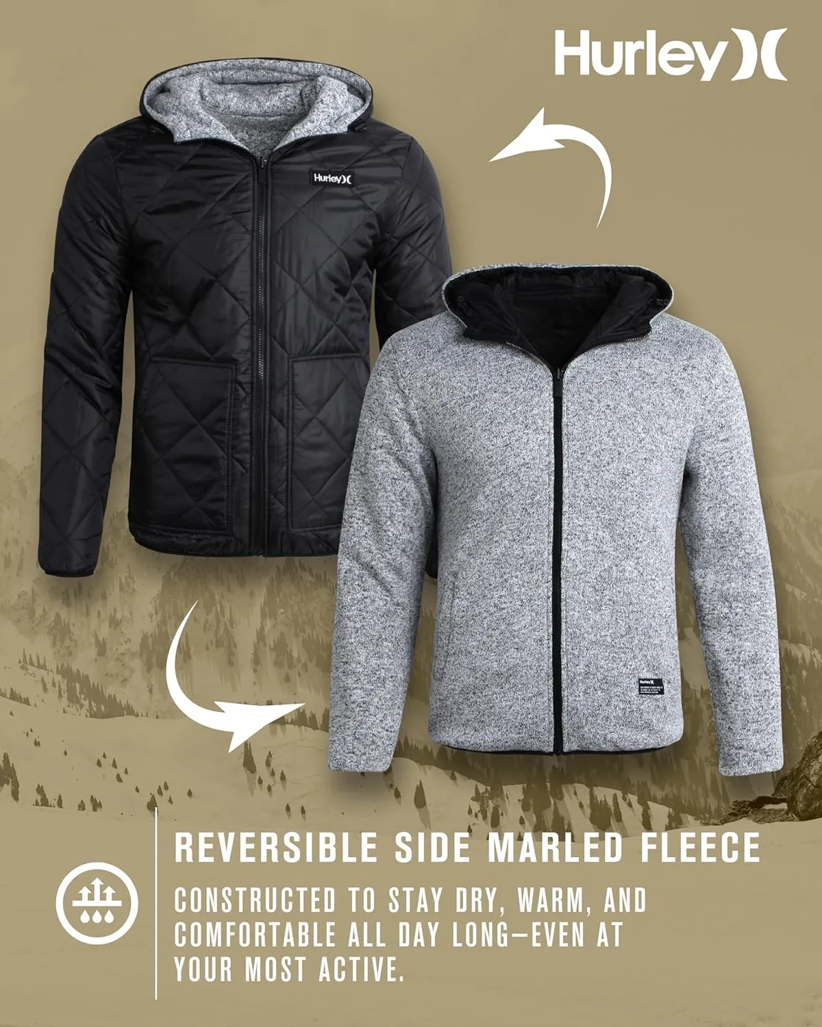 Hurley Men's Reversible Jacket - Quilted Puffer Reversible to Fleece Sweater - Warm Insulated Zip Up Jacket for Men (S-XL)