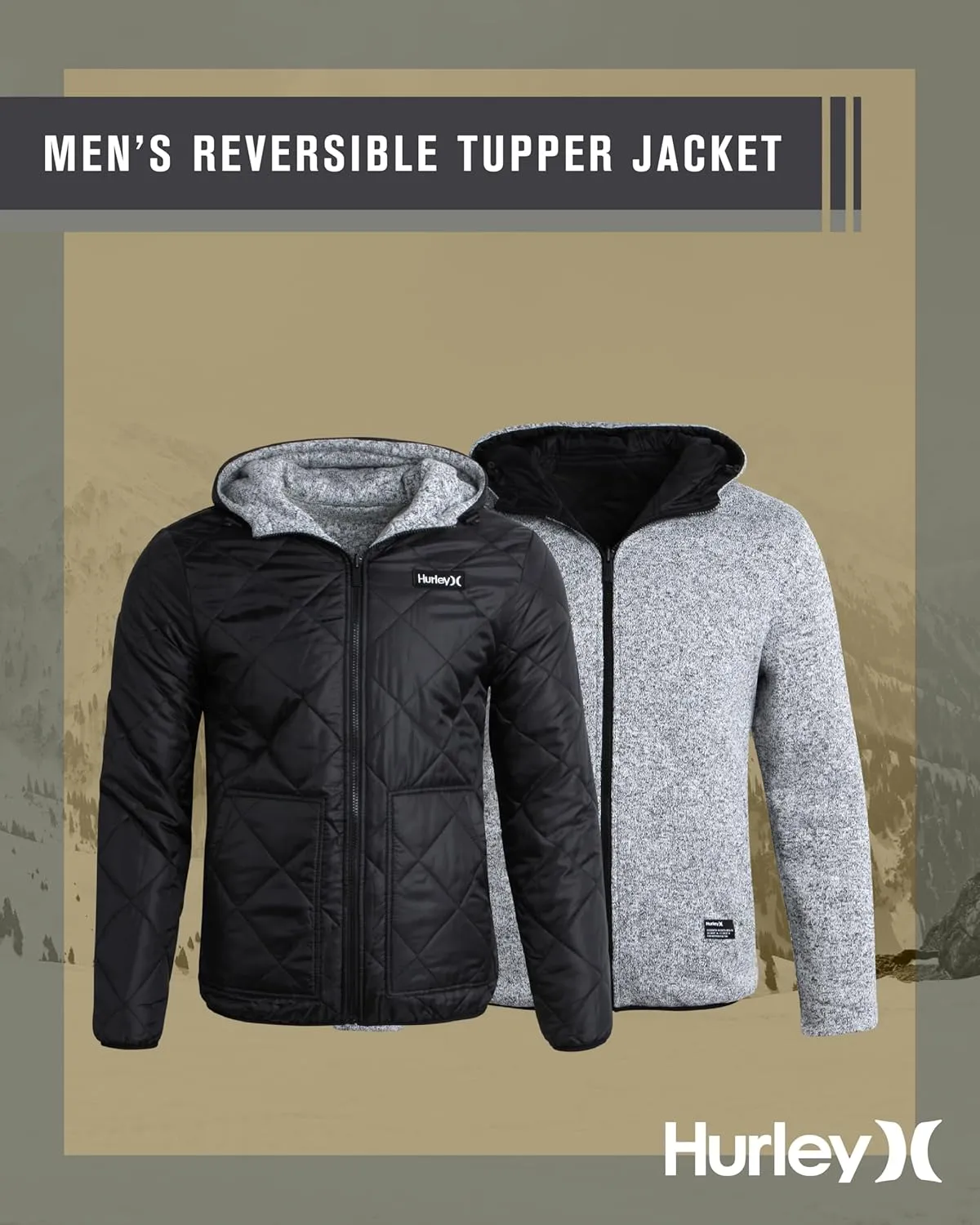 Hurley Men's Reversible Jacket - Quilted Puffer Reversible to Fleece Sweater - Warm Insulated Zip Up Jacket for Men (S-XL)