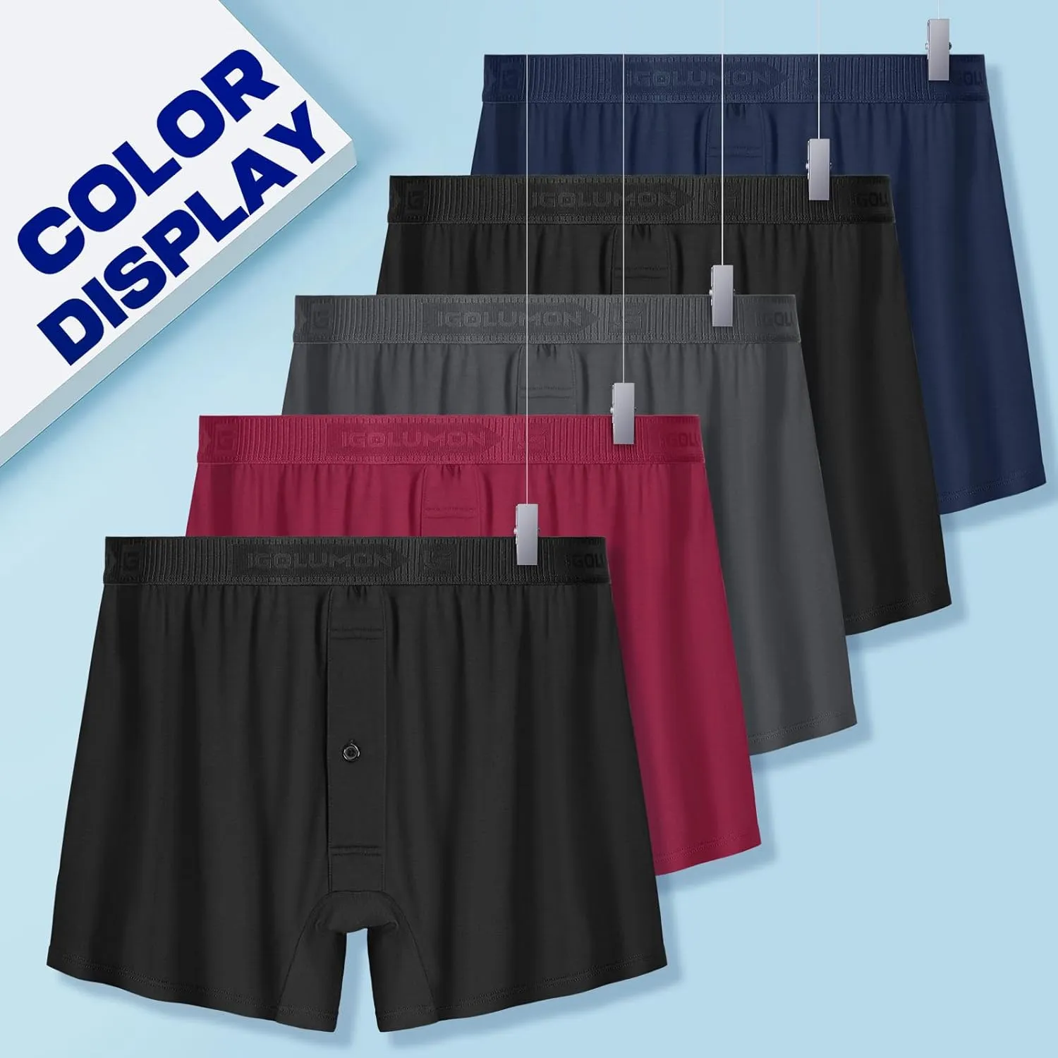 IGOLUMON Mens Underwear Boxer Shorts 5 Pack Bamboo Rayon Boxers for Men Classic Relaxed Fit Boxer Shorts with Button Fly