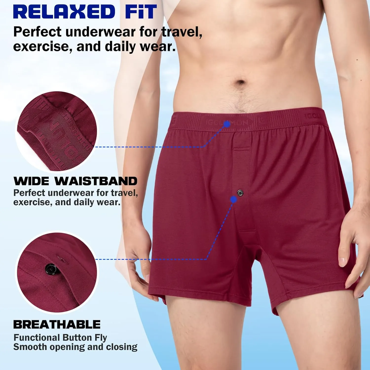 IGOLUMON Mens Underwear Boxer Shorts 5 Pack Bamboo Rayon Boxers for Men Classic Relaxed Fit Boxer Shorts with Button Fly
