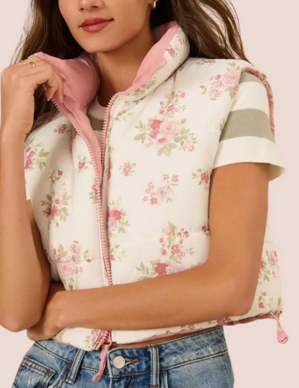 InterNos Womens Cropped Floral Print Puffer Vest Lightweight Stand Collar Zip up Sleeveless Winter Padded Coats
