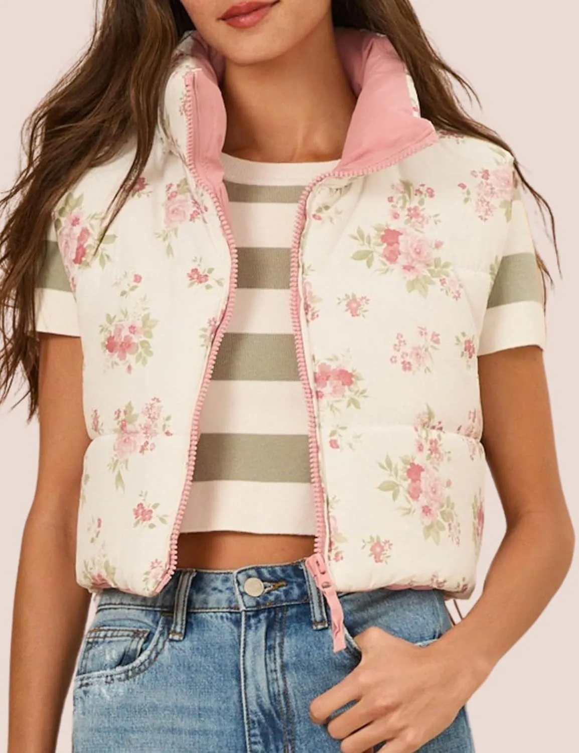 InterNos Womens Cropped Floral Print Puffer Vest Lightweight Stand Collar Zip up Sleeveless Winter Padded Coats