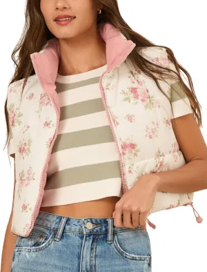 InterNos Womens Cropped Floral Print Puffer Vest Lightweight Stand Collar Zip up Sleeveless Winter Padded Coats