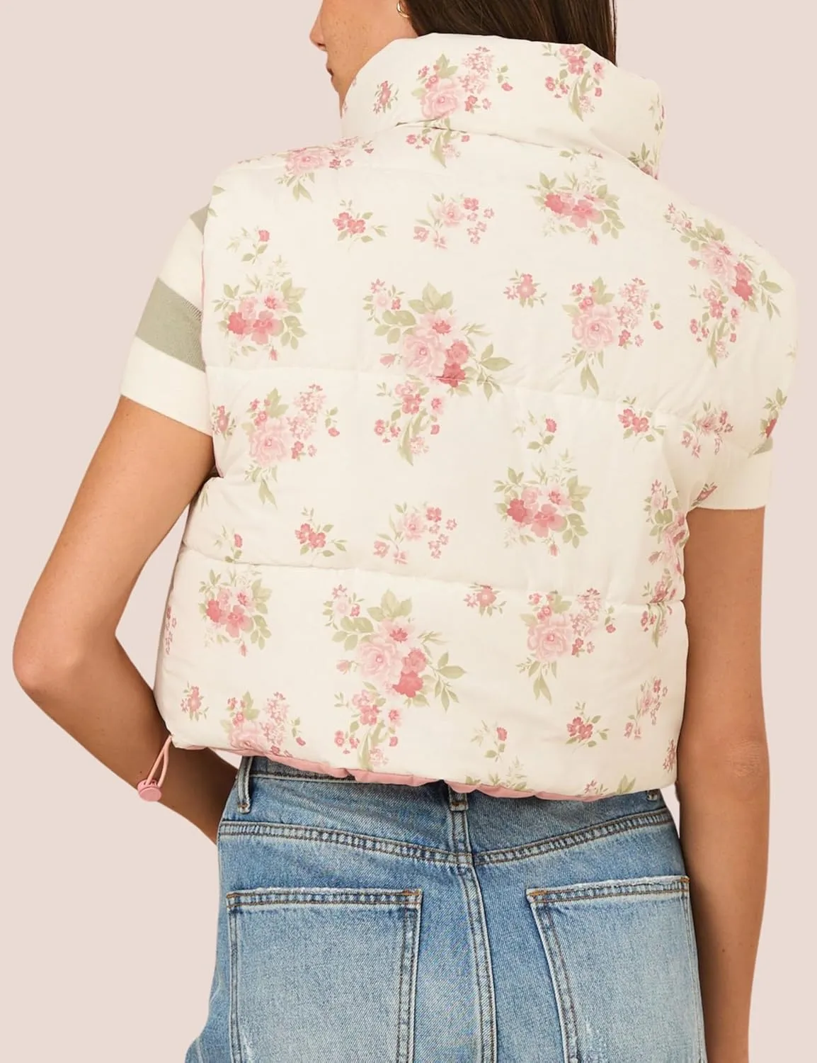 InterNos Womens Cropped Floral Print Puffer Vest Lightweight Stand Collar Zip up Sleeveless Winter Padded Coats
