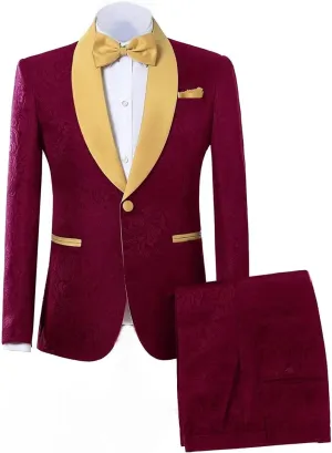 Jacquard Groom Tuxedos Groomsmen One Button Gold Shawl Lapel Formal Best Man Blazer Pant Men Wedding Suits