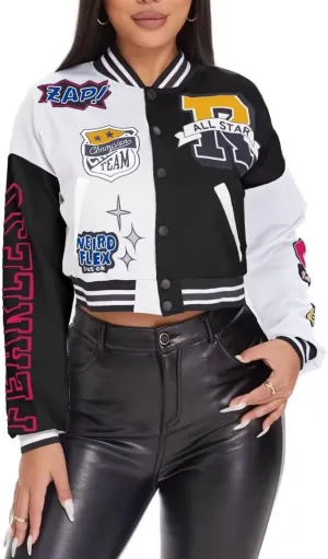 jeecoin Women's Varsity Jacket Cropped Colorblock Letter Print Baseball Bomber Jackets Vintage Streetwear Fashion Coats