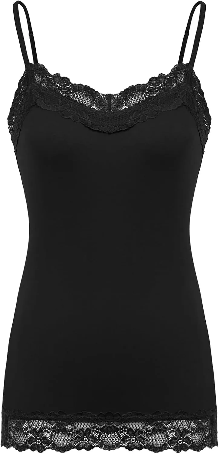 Kate Kasin Women's Adjustable Spaghetti Strap Lace Trim Cami Tunic Tank Top