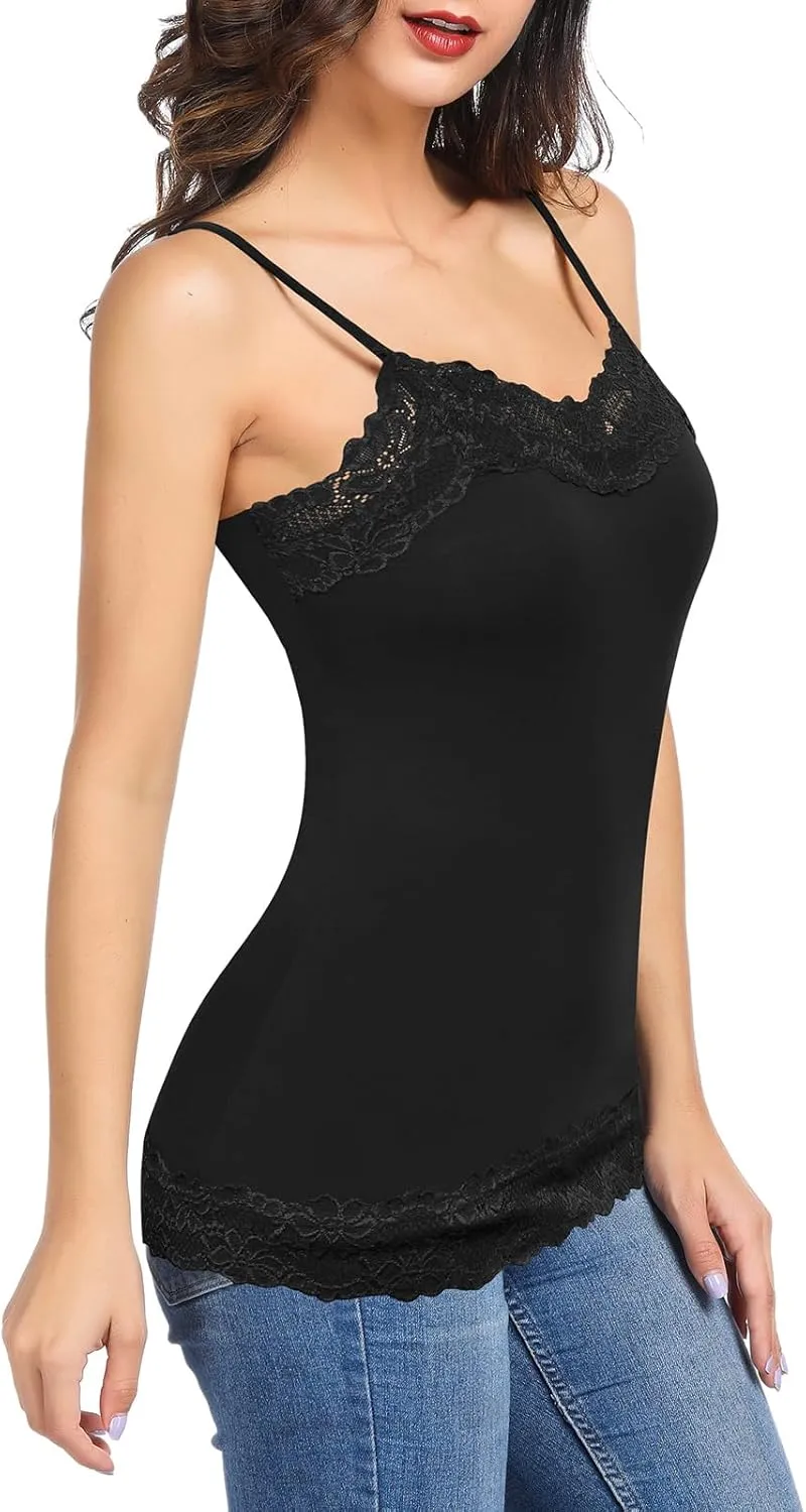 Kate Kasin Women's Adjustable Spaghetti Strap Lace Trim Cami Tunic Tank Top