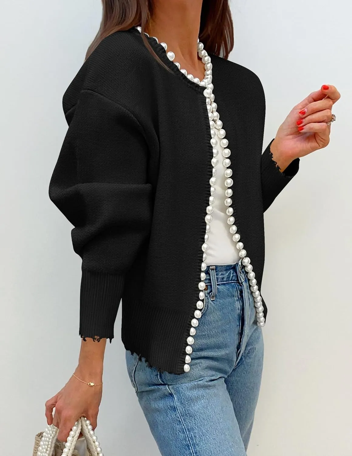 Kedera Womens Casual Pearl Cardigan 2025 Spring Elegant Embellished Long Sleeve Oversized Knit Sweater